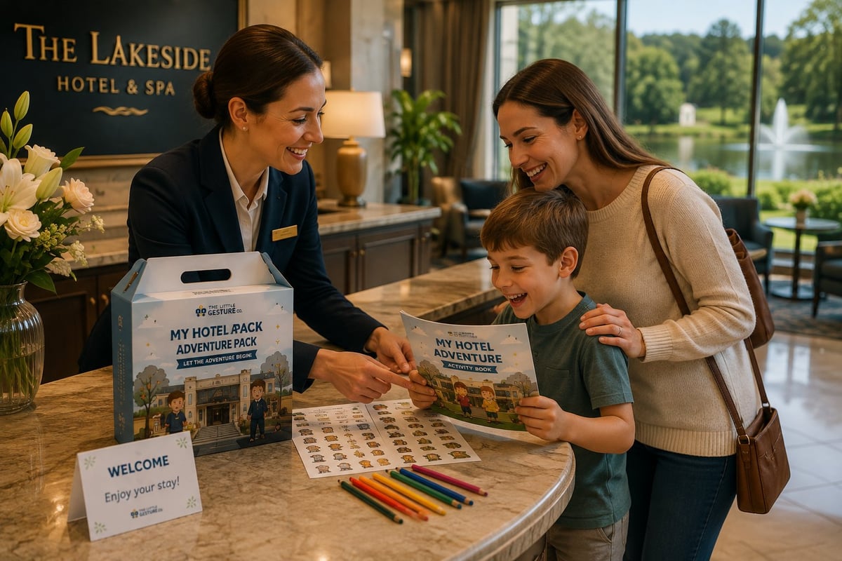 A hotel receptionist at The Lakeside Hotel & Spa welcoming a family with a young boy at check-in, handing over the My Hotel Adventure pack and activity materials, with the lake and gardens visible through the windows behind them