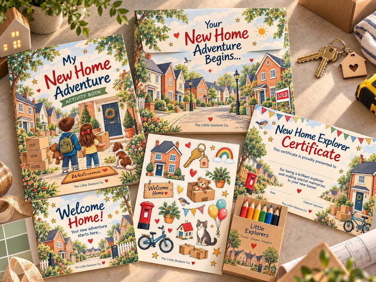Children's new home welcome activity pack with activity book, stickers, certificate and colouring pencils
