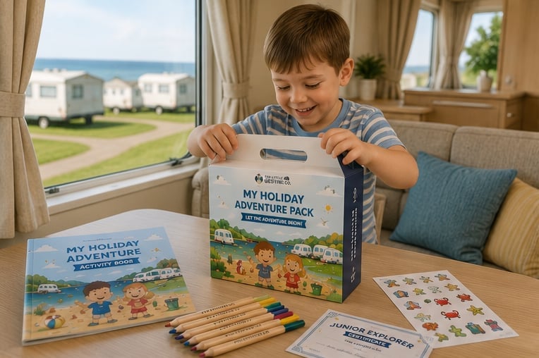 Young boy smiling while holding a Holiday Adventure Pack box at a table, with caravans and beach view visible through windows behind him