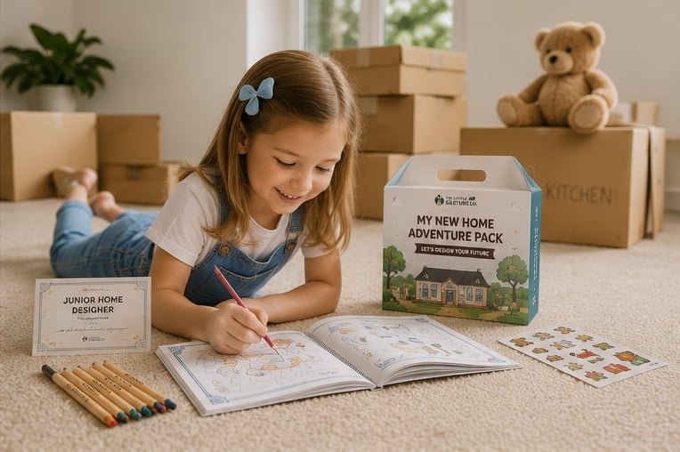 Young girl drawing in a sketchbook surrounded by moving boxes, colored pencils, and a teddy bear in an empty room