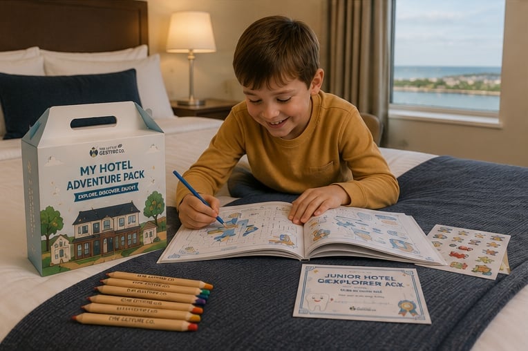 Young boy in yellow shirt coloring in an activity book on a hotel bed with colored pencils and adventure pack nearby