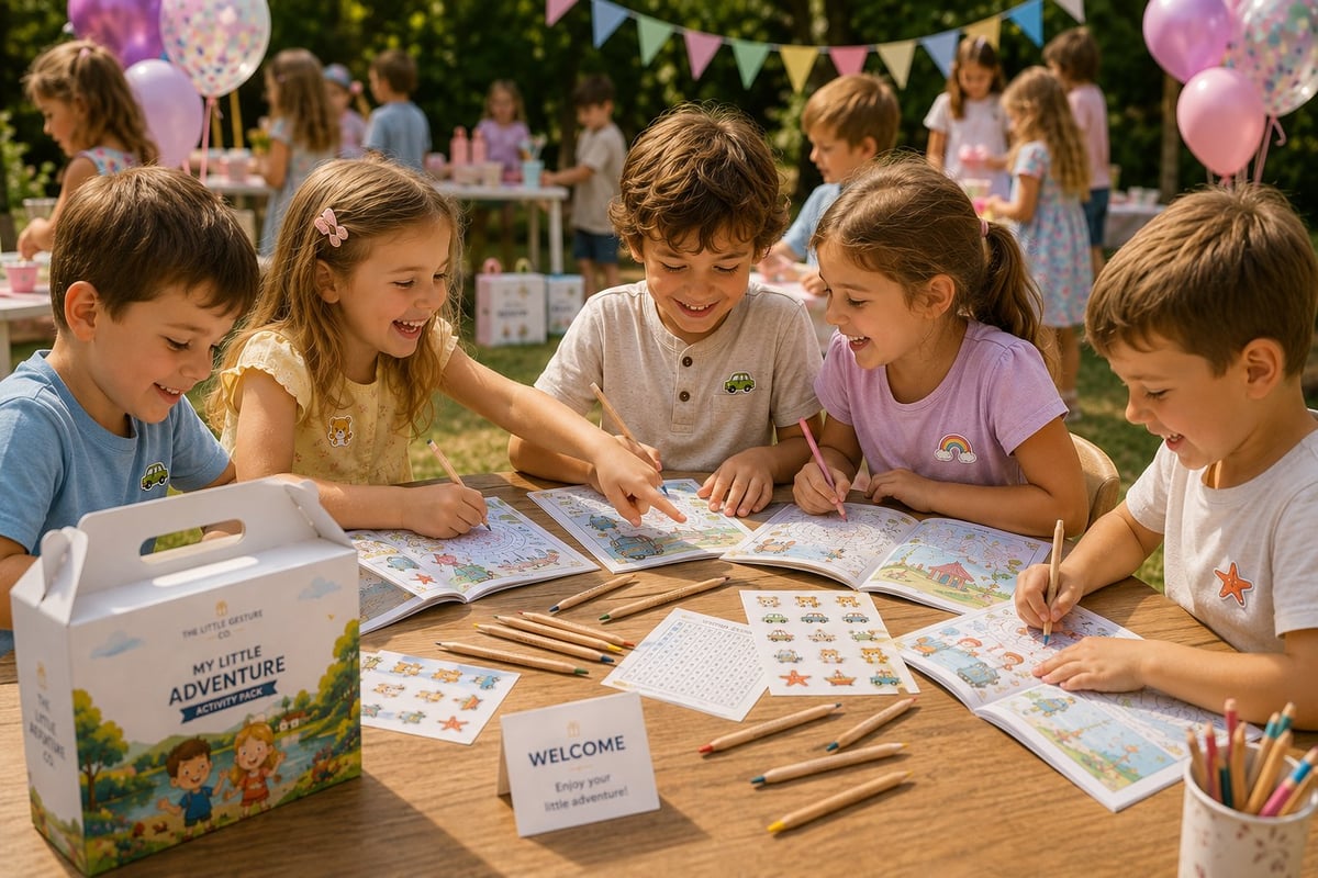 Children sitting together around a wooden table, each colouring and drawing in their own My Little Adventure activity book, with the carry box, sticker sheets, welcome cards and colouring pencils on the table and bunting and balloons in the background