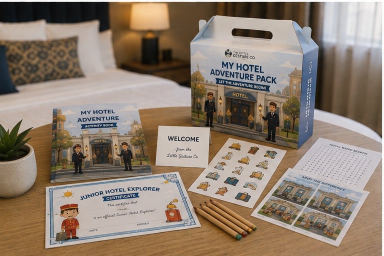 The My Hotel Adventure pack contents on a wooden desk in a hotel room, with activity guide, certificate, welcome card, word search and worksheets