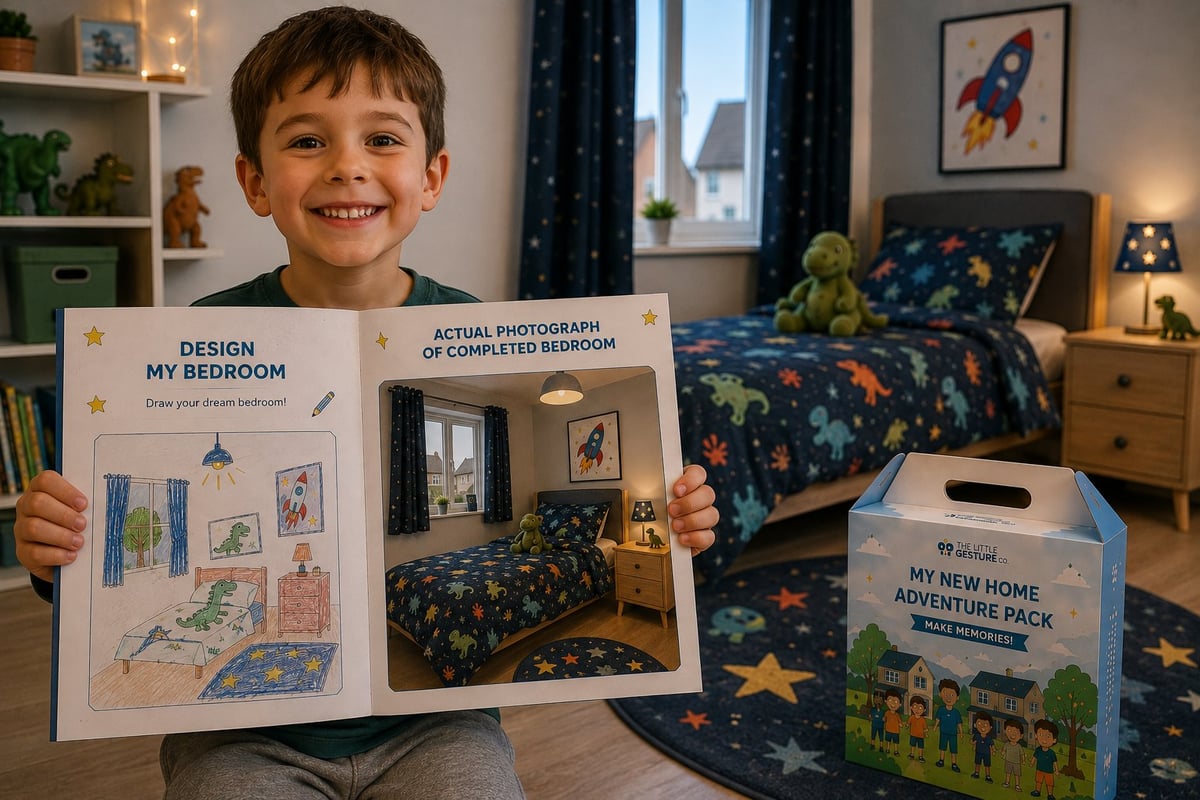 A young boy in his completed space-themed bedroom proudly holding open the Design My Bedroom activity book, showing his own drawing alongside the actual photograph of the finished bedroom, with the My New Home Adventure pack beside him
