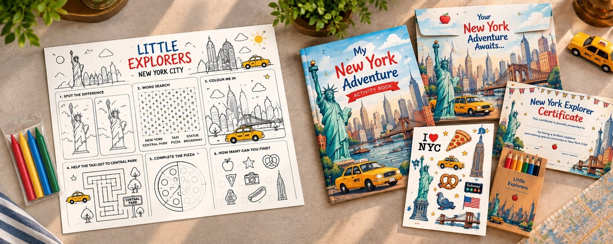Basic children's activity sheet with crayons compared with a fully bespoke New York children's activity pack