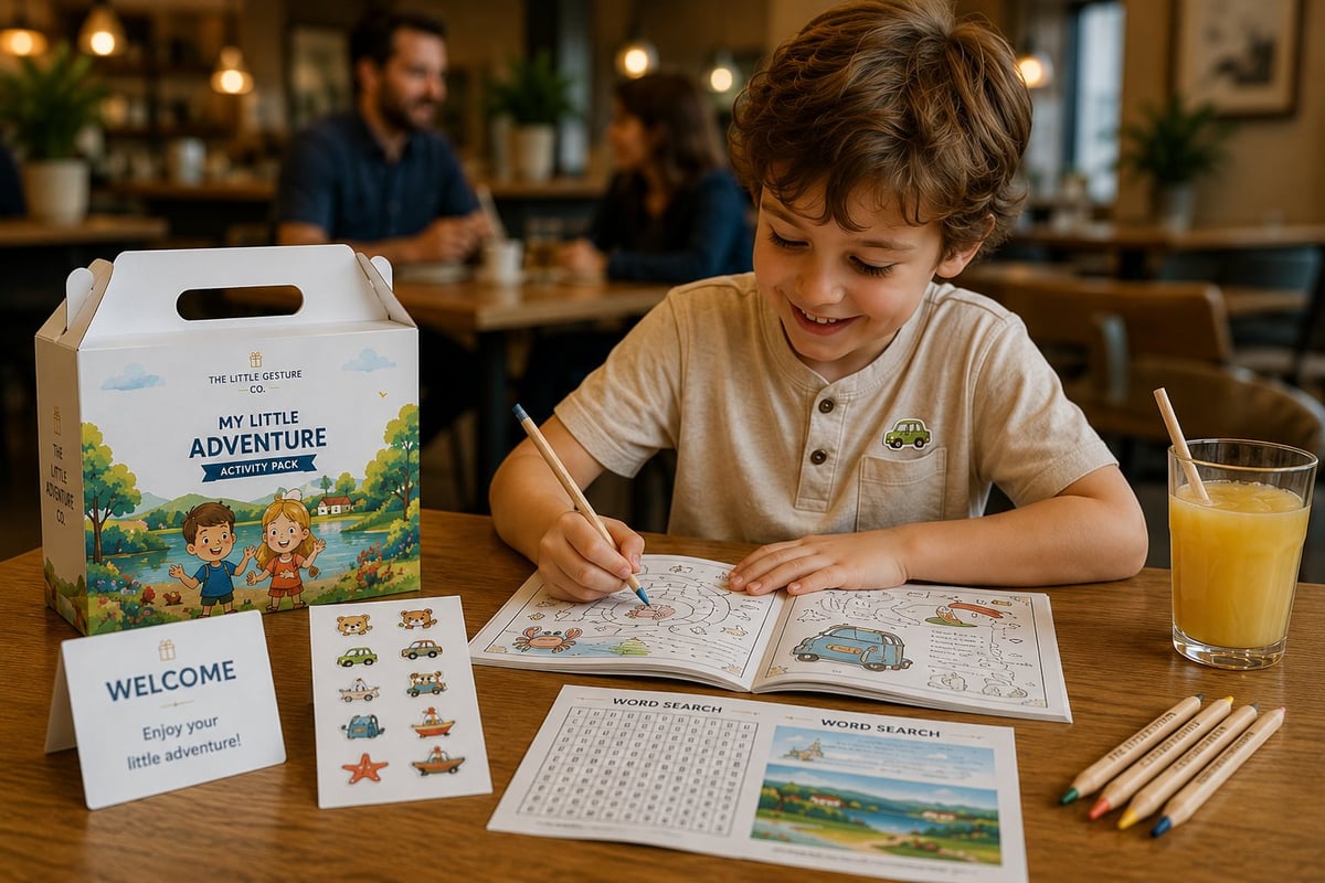 A child drawing in a My Little Adventure activity book at a wooden table, with stickers on their shirt, the carry box beside them and a glass of juice nearby