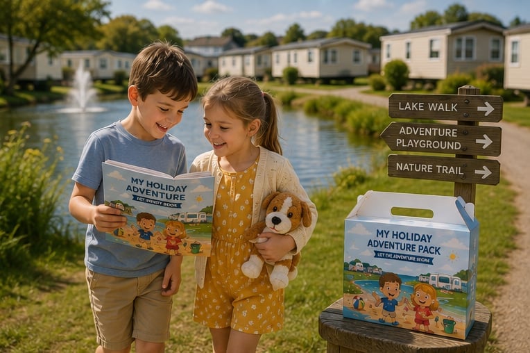 Two children exploring a lakeside holiday park with their adventure pack, holding a stuffed animal in front of directional signs