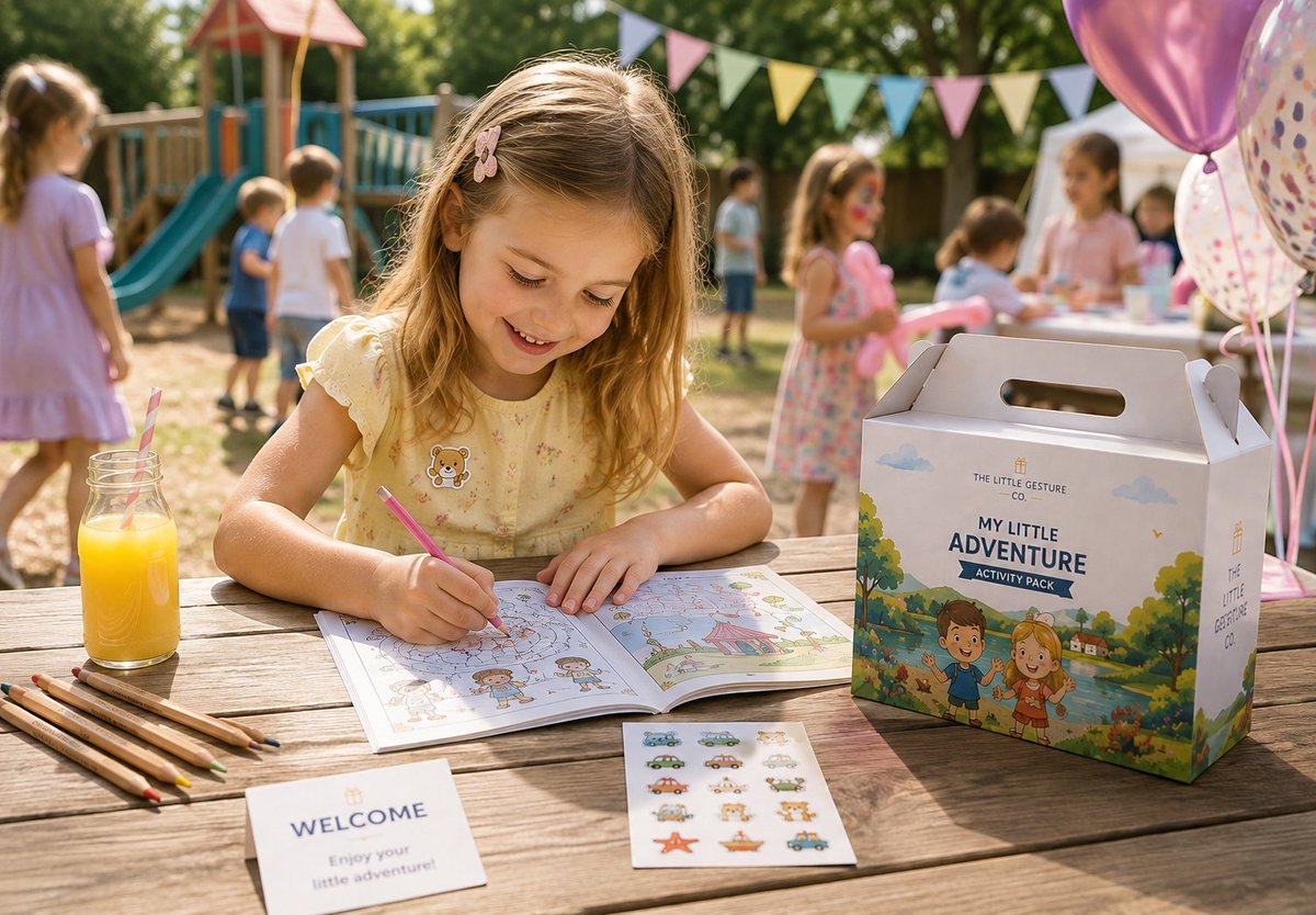 A young girl colouring in the My Little Adventure activity book at a wooden table outdoors, with the carry box, welcome card, sticker sheet and colouring pencils on the table and bunting decorations in the background