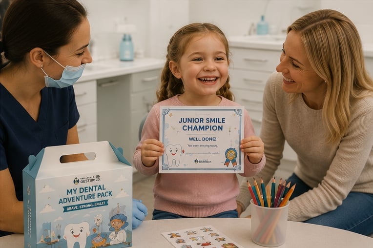 Young girl holding a Junior Smile Champion certificate with a dental professional and mother in a dental office