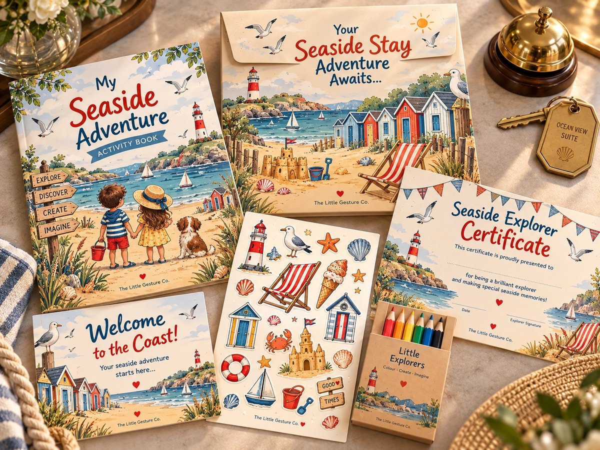 Seaside children's hotel activity pack with activity book, stickers, certificate and colouring pencils