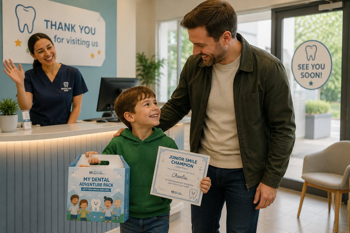 A father and his young son leaving the dental practice, the boy proudly holding his Junior Smile Champion certificate and the My Dental Adventure pack, the receptionist waving them goodbye from the desk