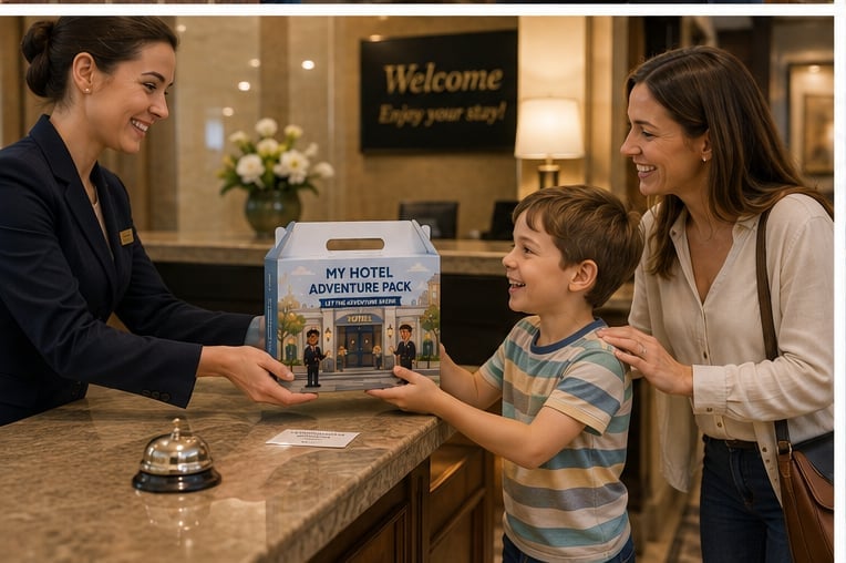 A hotel receptionist handing a young boy his welcome adventure pack across the front desk while his mother smiles behind him
