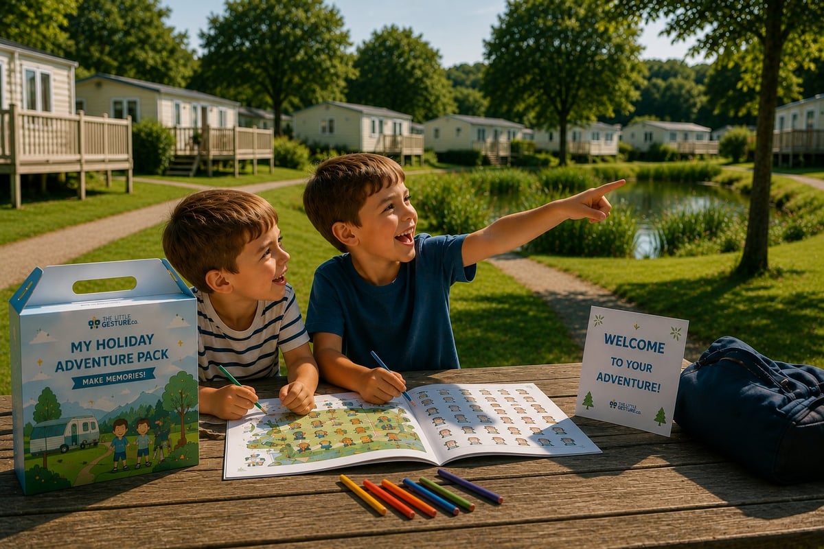 Two young brothers at a picnic table outdoors studying the My Holiday Adventure activity book and map together with colored pencils, with mobile homes and a pond in the sunny caravan park behind them