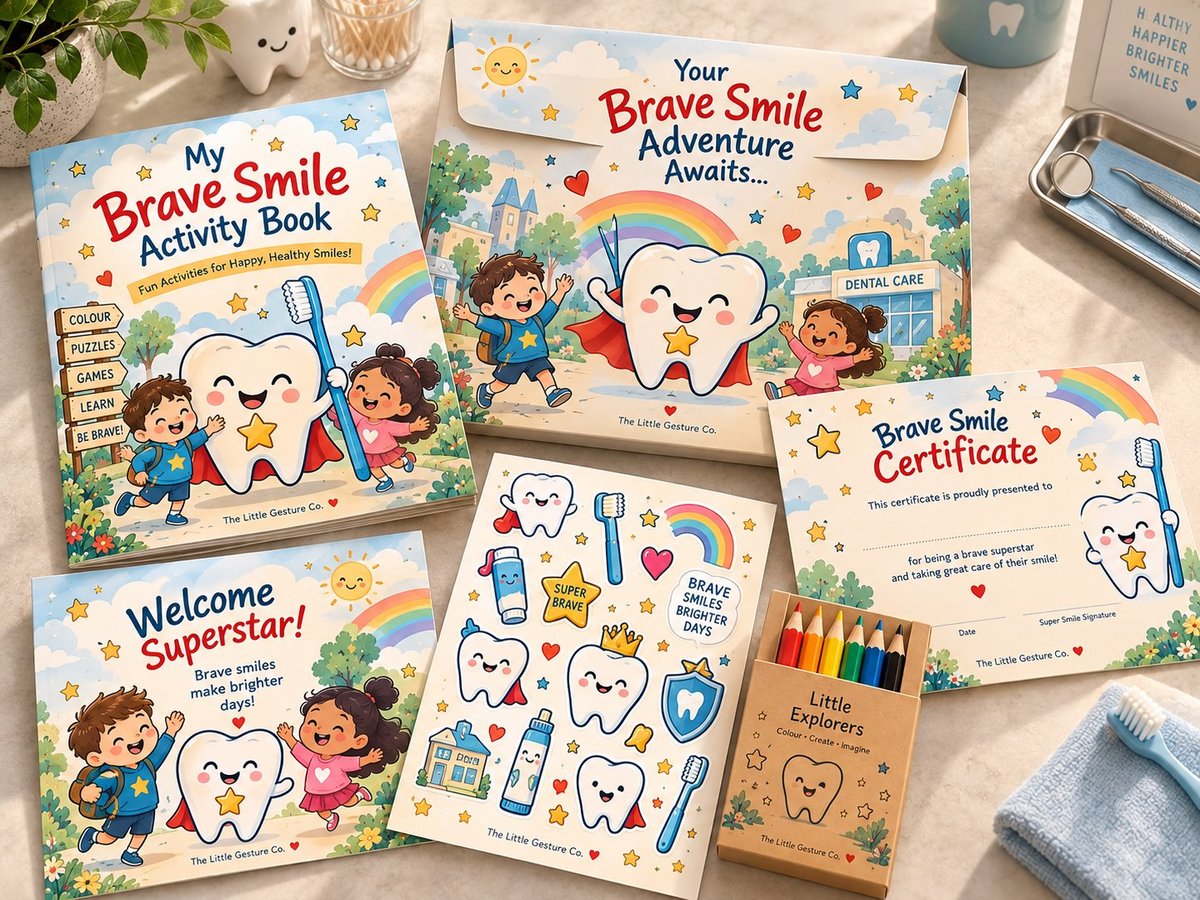 Children's dental activity pack with tooth-themed activity book, stickers, certificate and colouring pencils