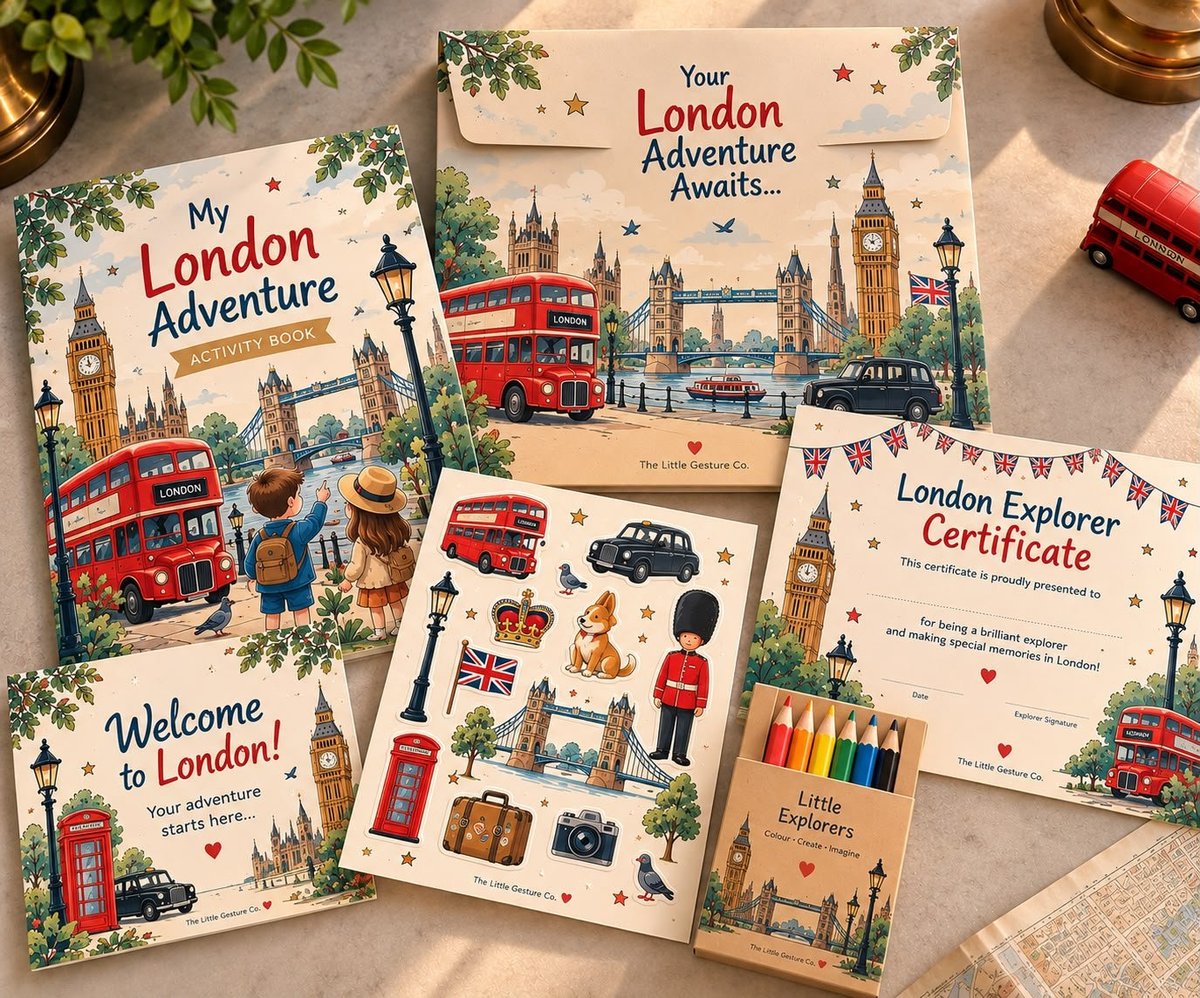 Bespoke London children's activity pack with activity book, stickers, certificate, welcome card and colouring pencils