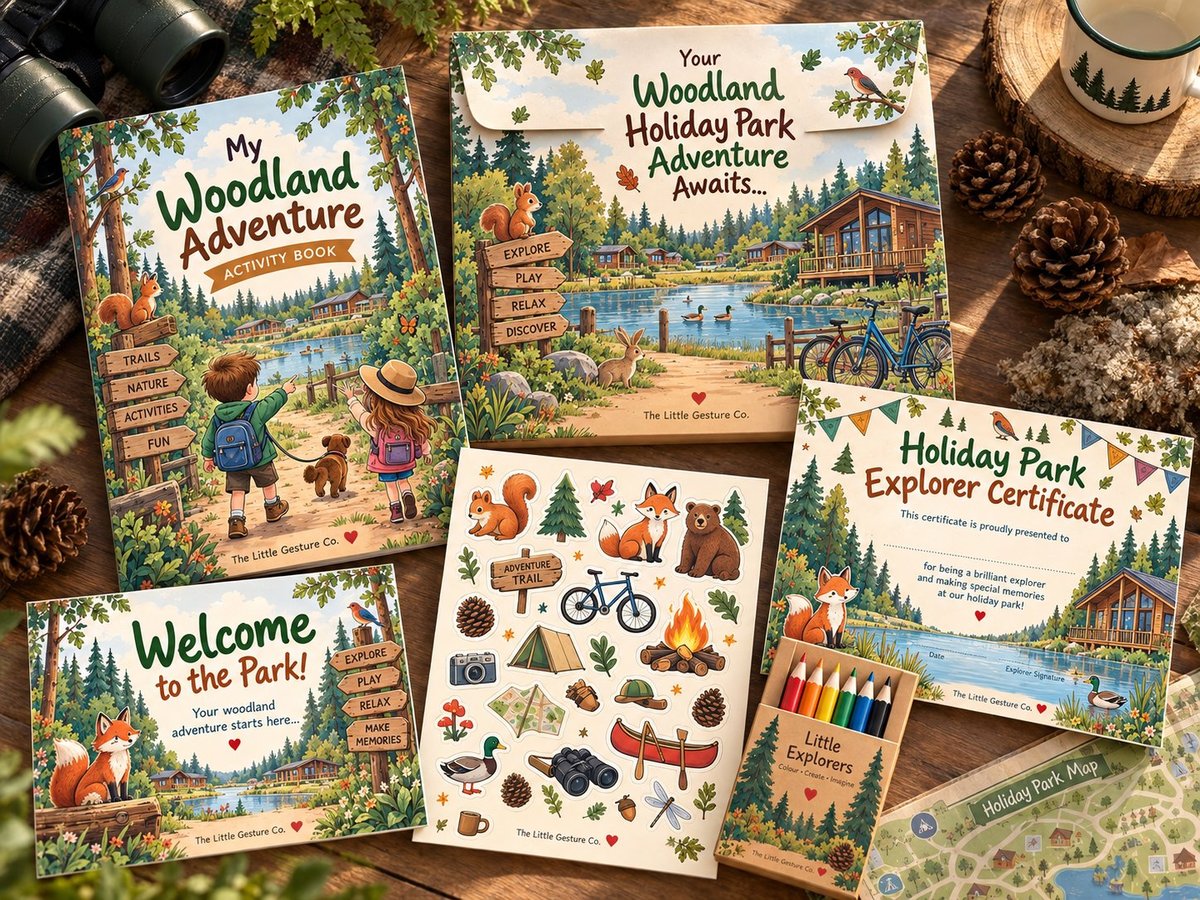 Bespoke woodland holiday park children's activity pack with activity book, stickers and explorer certificate