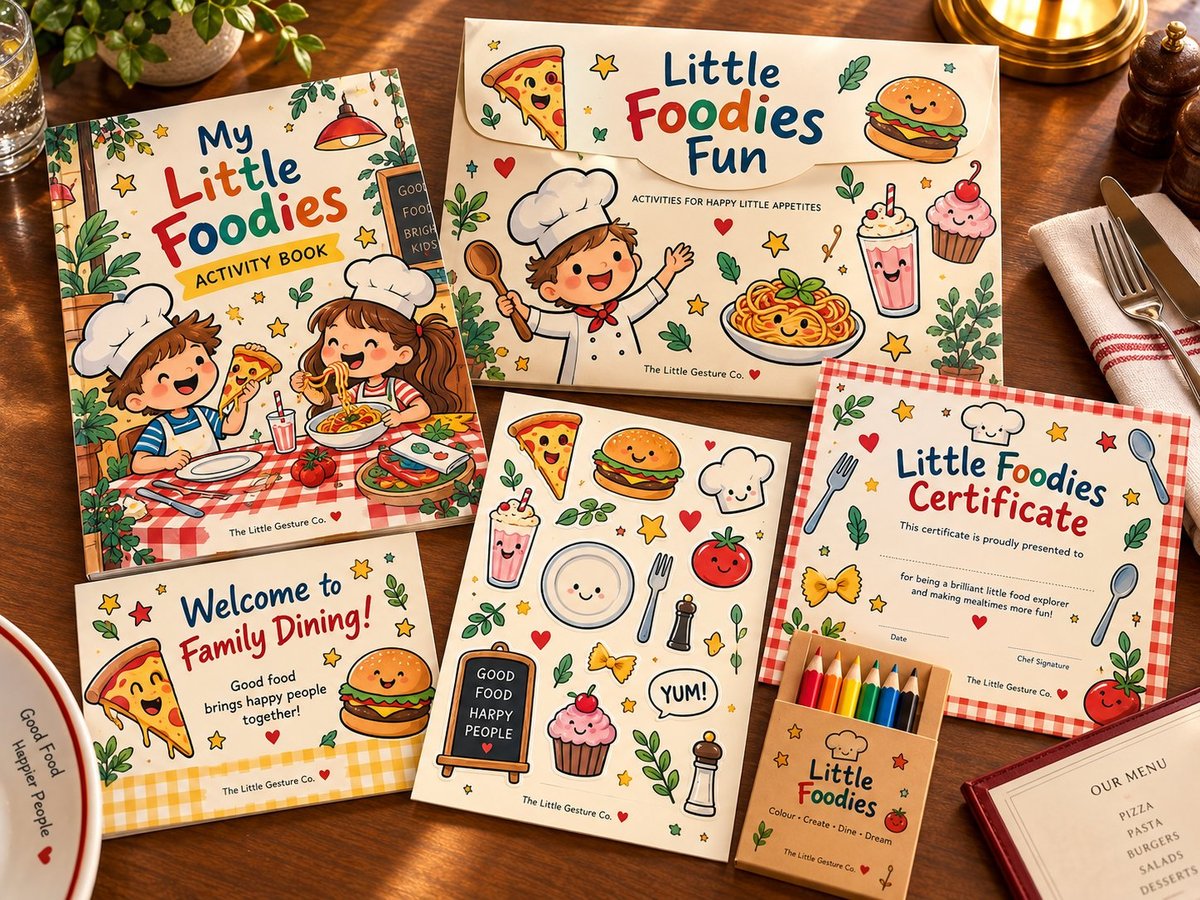 Children's restaurant activity pack with food-themed activity book, stickers, certificate and colouring pencils
